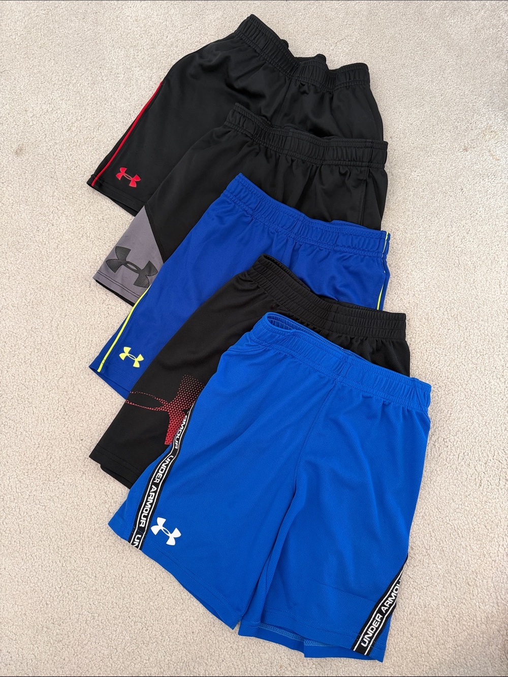Under Armour Kids 5-Pack Athletic Shorts - Black & Blue, size 6 (3), size 7 (2)